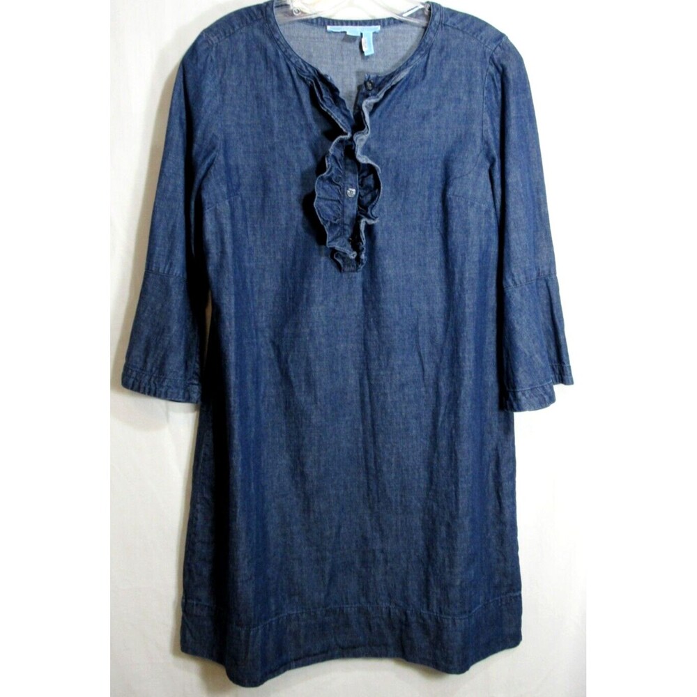 Draper James Blue Chambray Bell Sleeve Ruffle Front Knee Length Dress Size 6 EUC